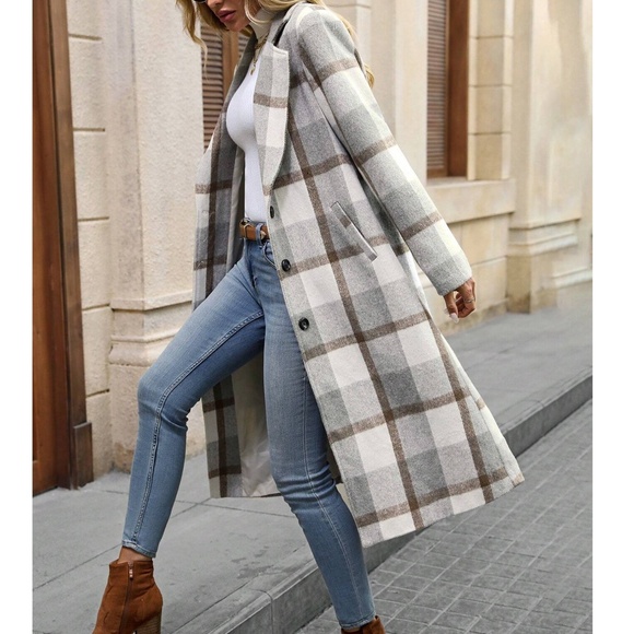 Classic Plaid Print Button Pockets Long Jacket Coat - Picture 7 of 12